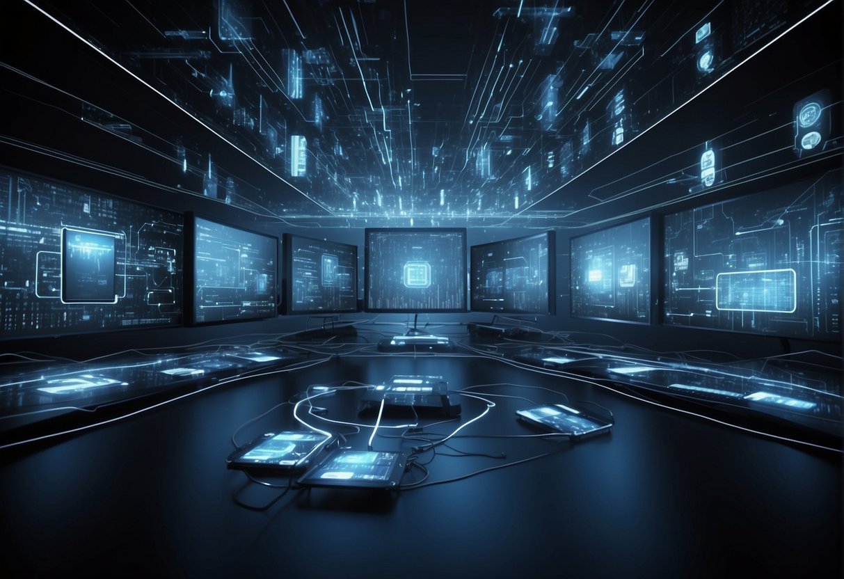 A network of interconnected devices and machines, exchanging data securely in a digital transformation. Keywords like "data erasure" and "digital security" are highlighted