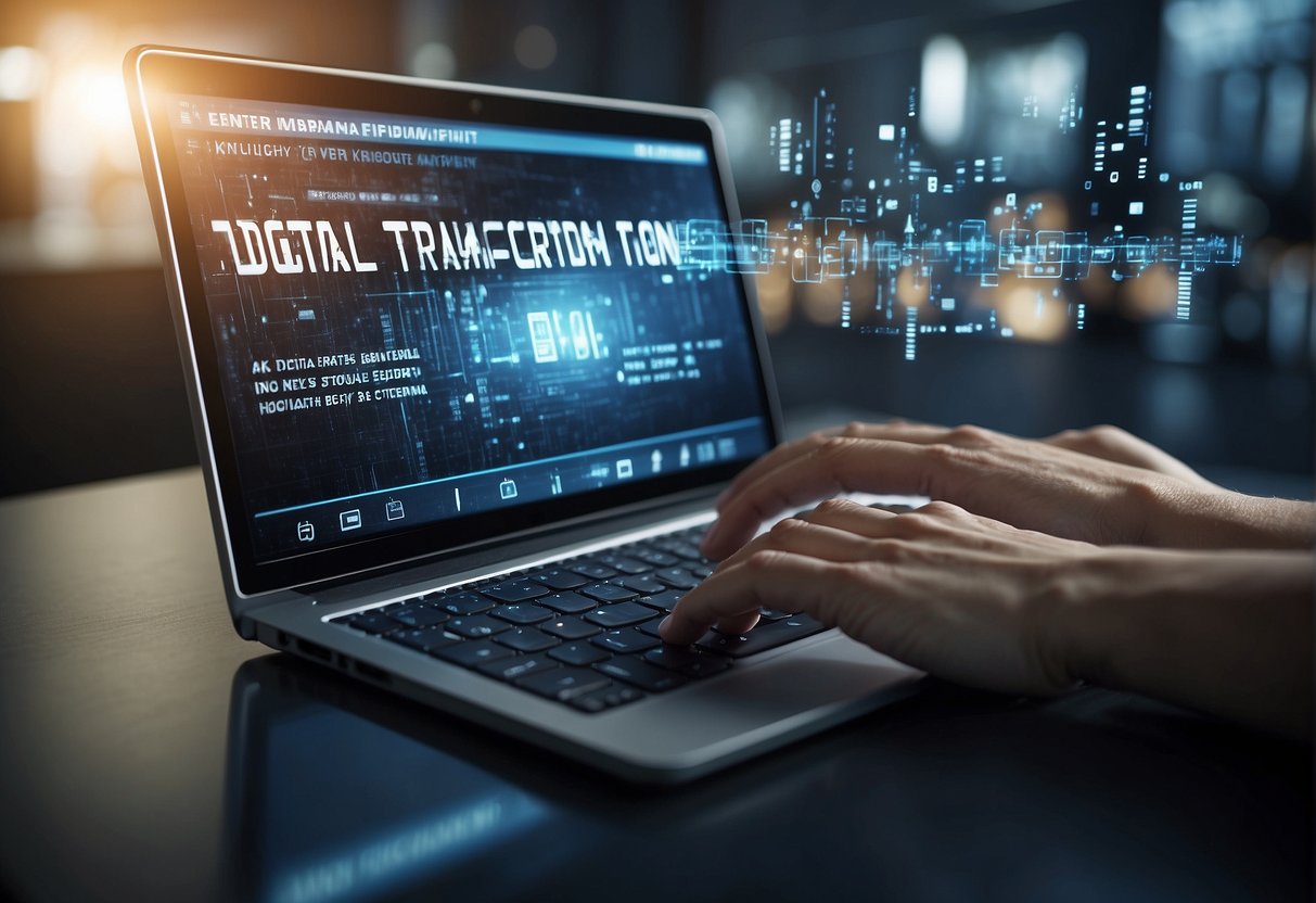 Keywords "digital transformation," "data erasure," and "digital security" floating above a computer screen with a lock icon
