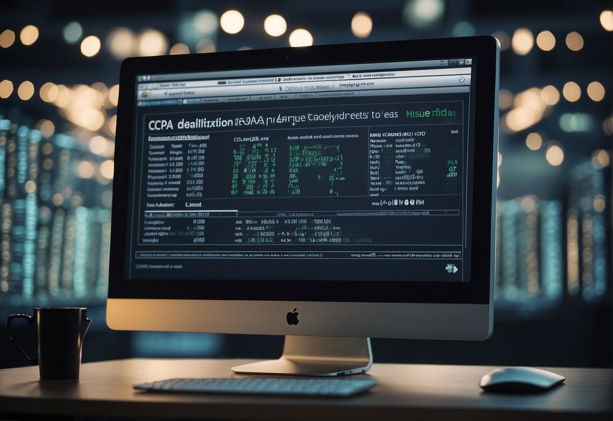 A computer screen displaying a secure data erasure process with CCPA compliance guidelines in the background