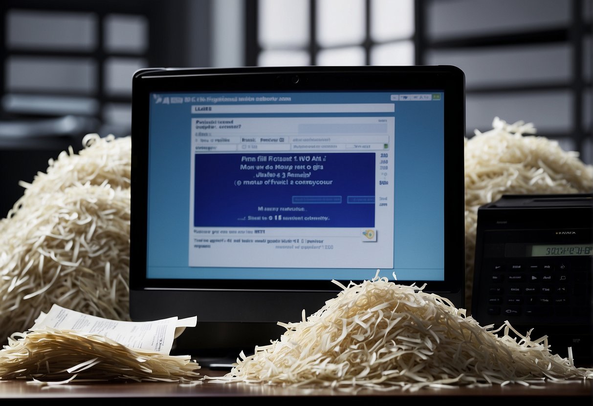 A pile of shredded documents and a computer screen displaying a message confirming data erasure, with a scale symbolizing legal and financial consequences