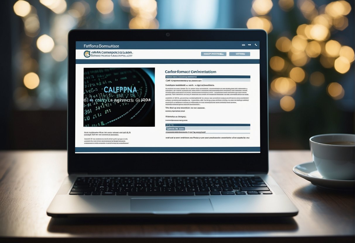 A computer screen displaying CCPA compliance regulations, with a document being digitally erased and the words "California Consumer Privacy Act" prominently featured