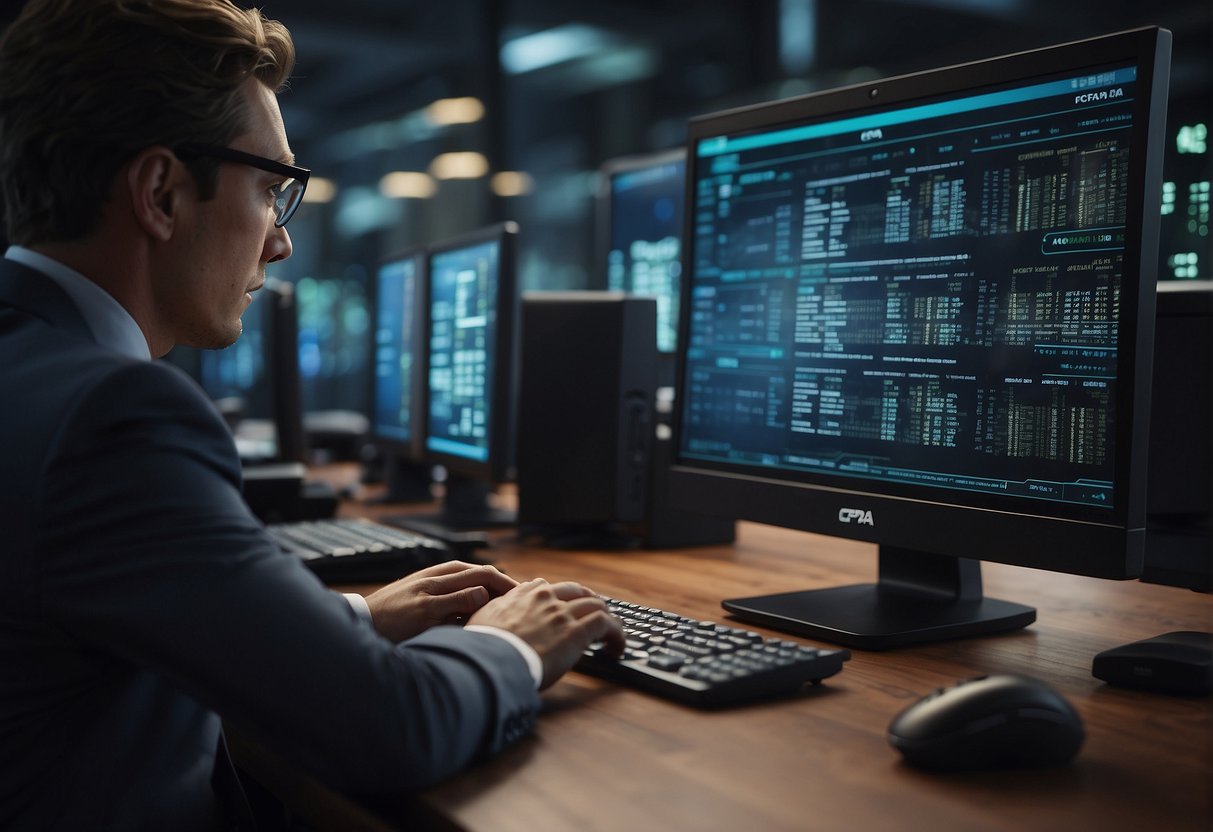 A person presses a button on a computer to initiate data erasure, ensuring CCPA compliance. The California Consumer Privacy Act keywords are displayed on the screen