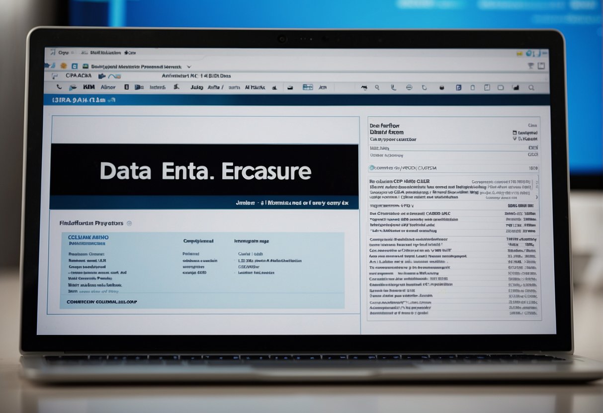 A computer screen displaying a "Data Erasure" notification, with a "CCPA Compliance" logo in the corner. A California Consumer Privacy Act document lays on the desk