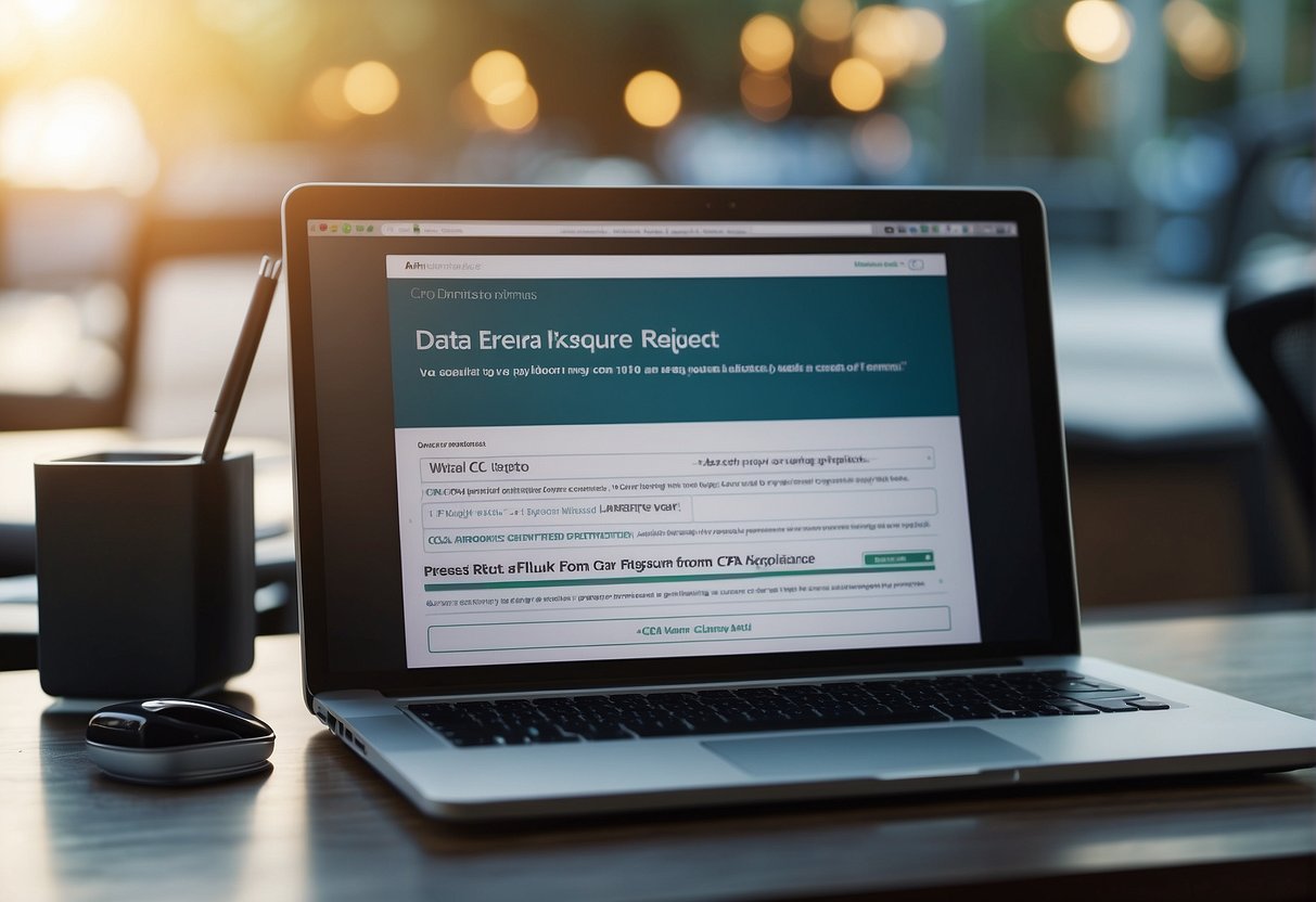 A computer screen displaying a data erasure request form with "CCPA compliance" and "California Consumer Privacy Act" keywords visible