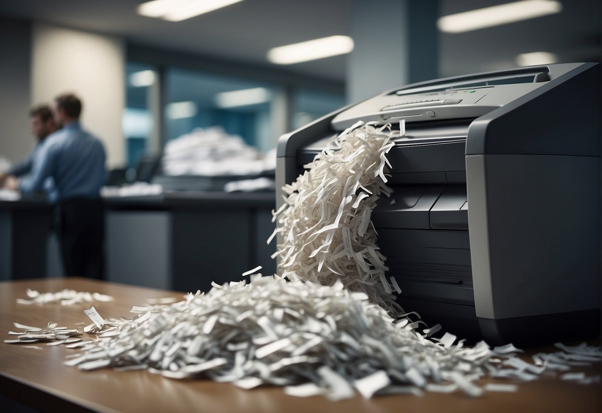 A secure shredder demolishes stacks of documents labeled "Data Erasure" in a corporate office, with a focus on the machine's powerful blades and the shredded paper flying out
