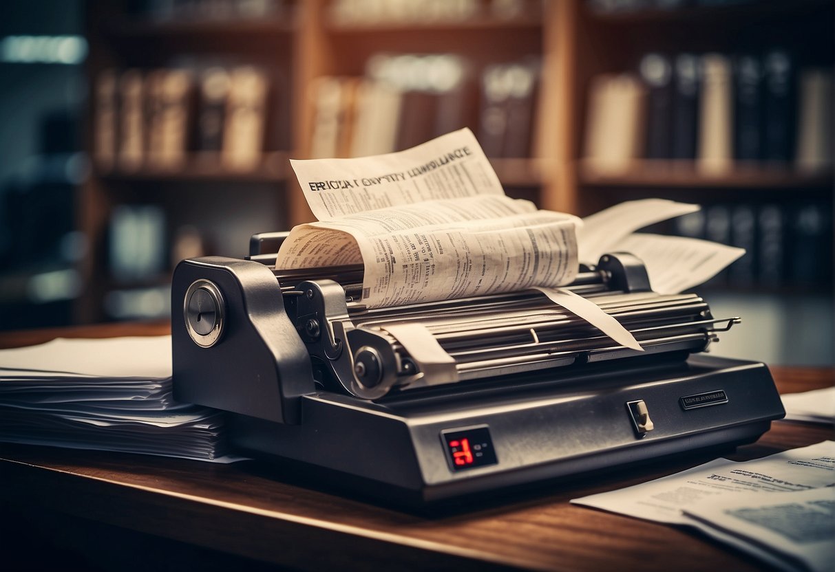 A shredder machine destroying stacks of paper documents labeled "Regulatory Compliance" and "Privacy Laws Data Erasure" for Mergers and Acquisitions