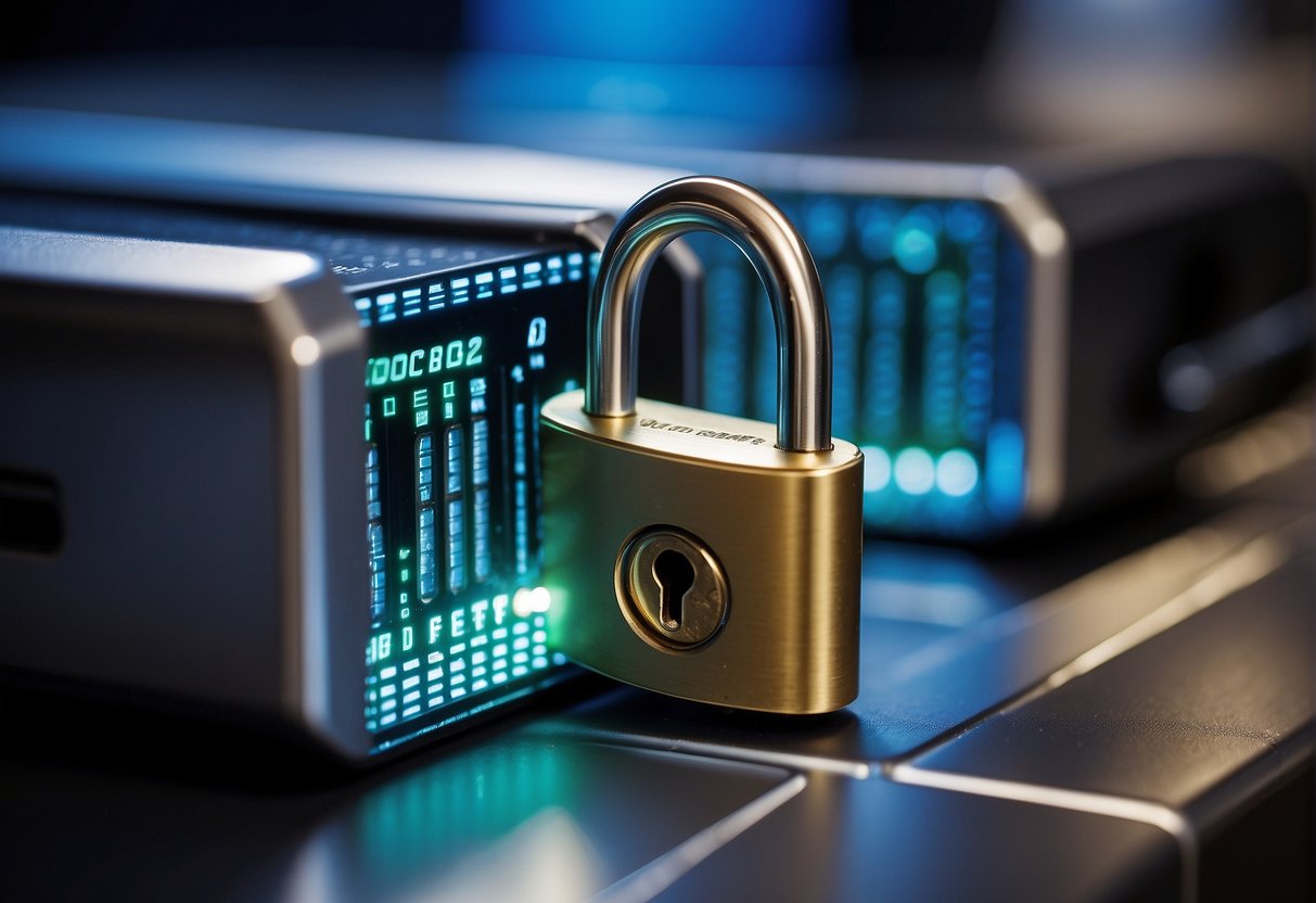 A secure data erasure process is depicted with a locked padlock over a computer server, symbolizing the key considerations for M&A