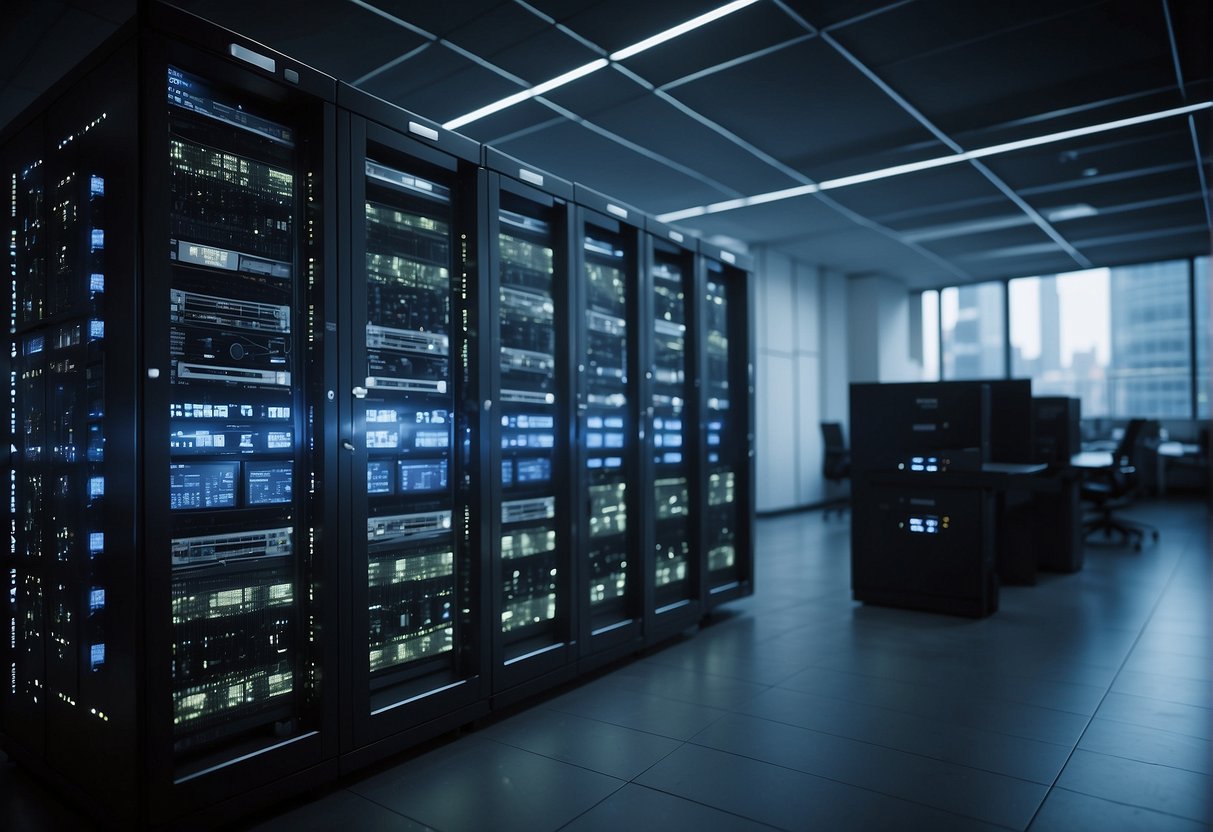 A server room with multiple interconnected data systems being integrated and erased, representing the complexities of managing data in mergers and acquisitions