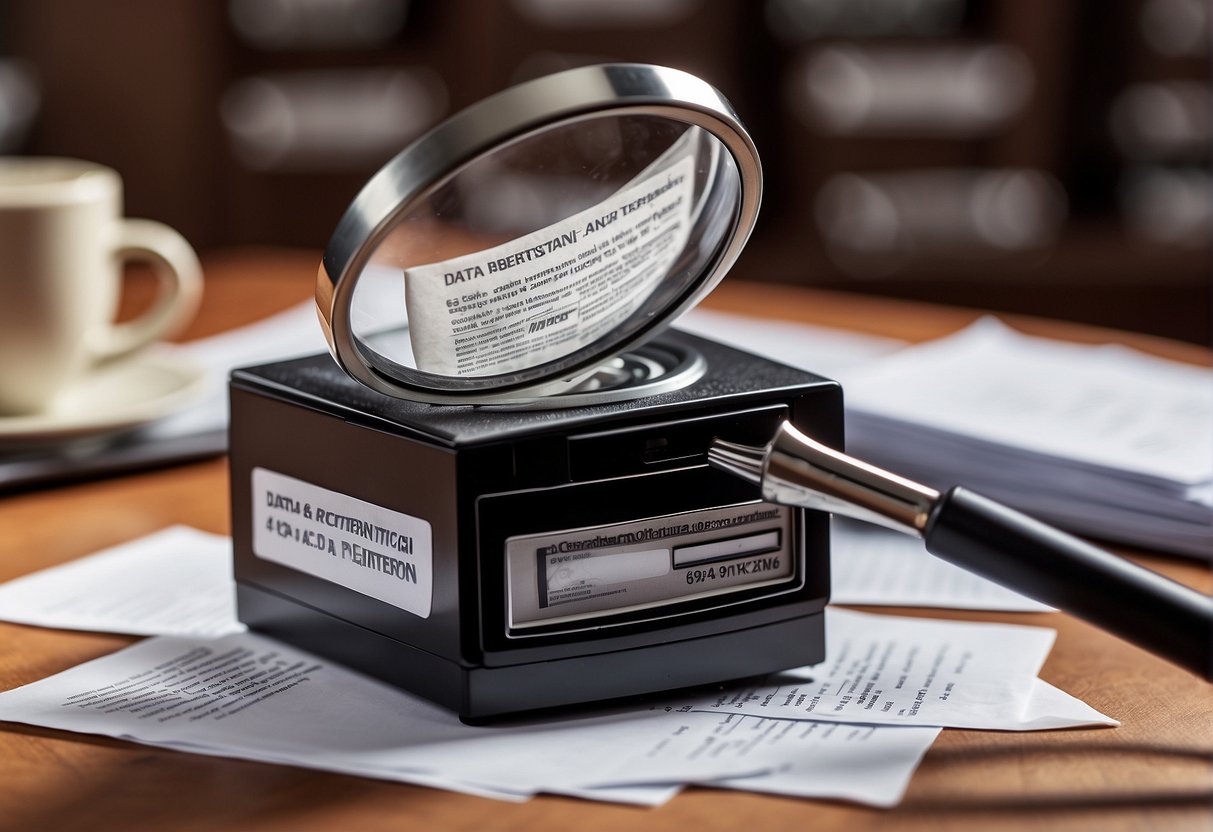 A shredder destroying a stack of paper documents labeled "Data Retention and Disposal" with a magnifying glass focusing on the process