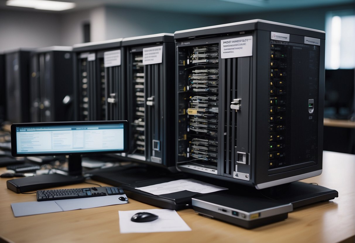 Multiple computer servers being wiped clean with a data erasure tool, surrounded by documents and folders labeled "Post-Merger Data Management."