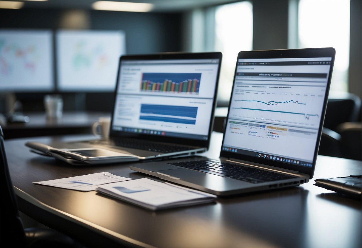 A conference room table with two laptops, a stack of papers, and a whiteboard with data erasure diagrams