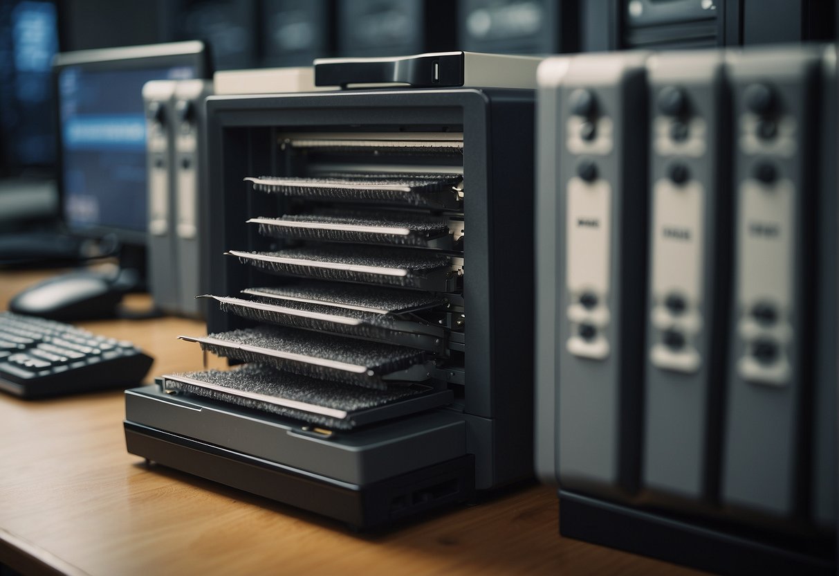 A computer screen displaying a progress bar erasing data, surrounded by locked filing cabinets and a shredder