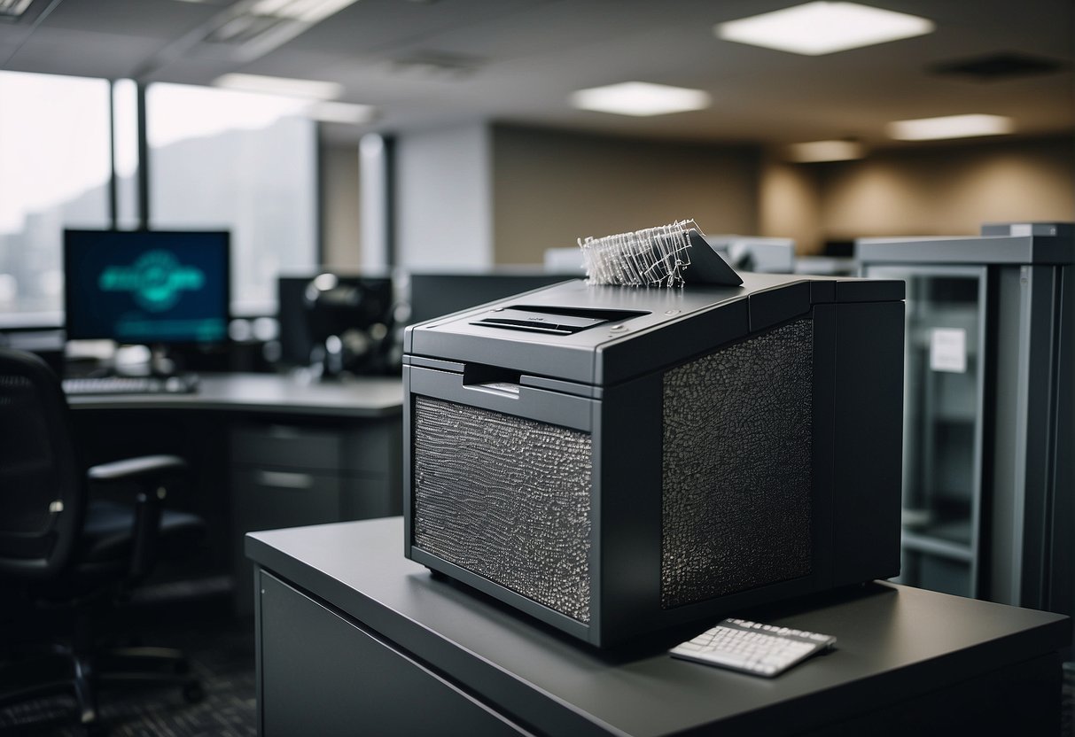 A secure data erasure process is depicted with a locked file cabinet and a digital shredder in a corporate office setting