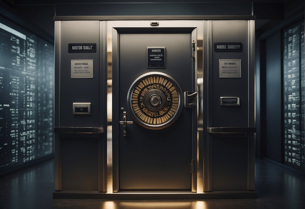A secure vault door with "Data Erasure" and "Data Security" signs, surrounded by documents labeled "Mergers and Acquisitions," in a dimly lit room