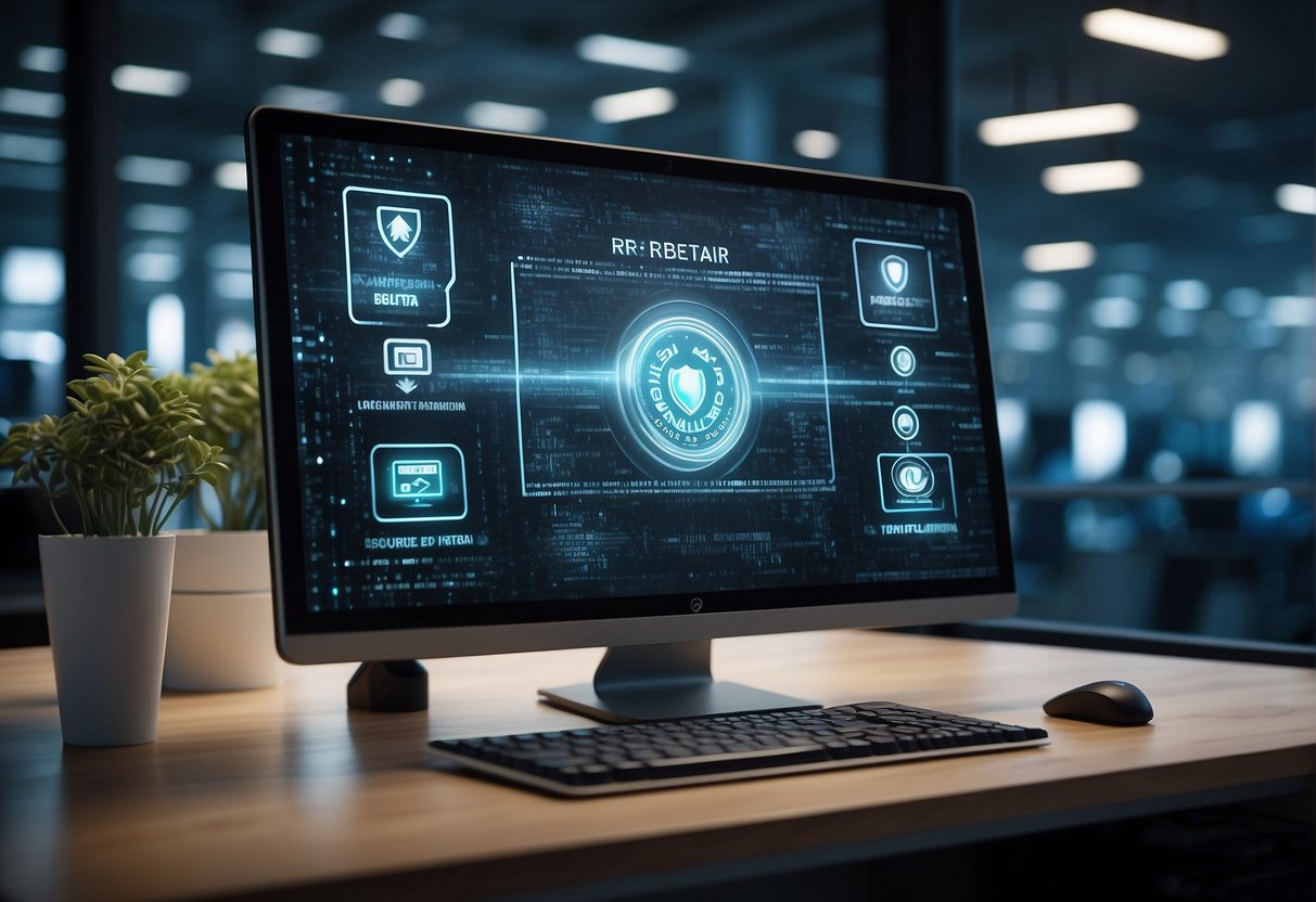 A computer monitor displays a secure data erasure process. Two company logos merge in the background, symbolizing a merger or acquisition. Security locks and shields surround the monitor, representing data security during integration
