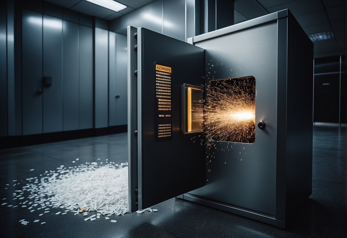 A secure vault door being closed, a shredder destroying documents, and a computer screen displaying data being wiped clean