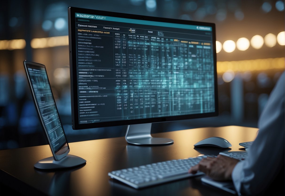 A computer screen displaying a secure data erasure process, with a company merger document in the background. Locks and security symbols are visible
