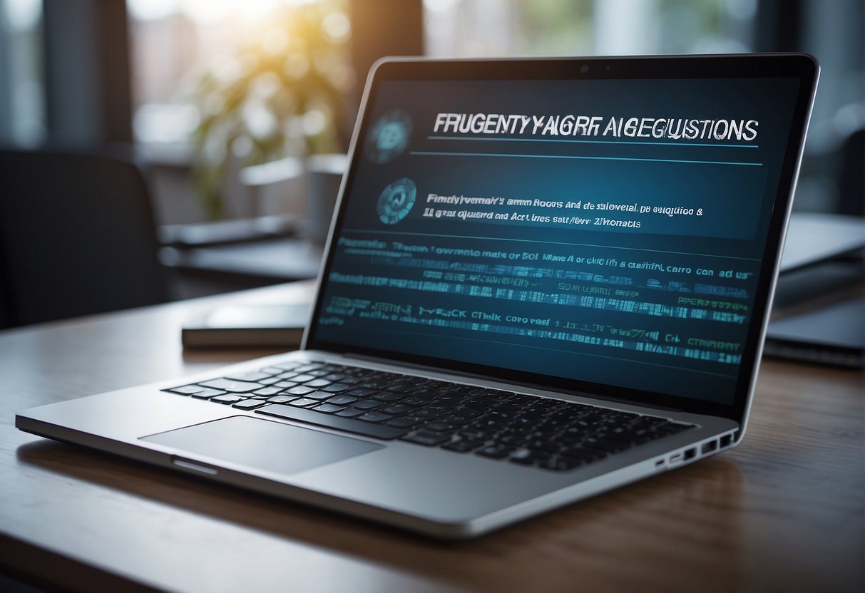 A computer screen displaying "Frequently Asked Questions Keywords: data erasure, mergers and acquisitions, data security" with a pad and pen nearby
