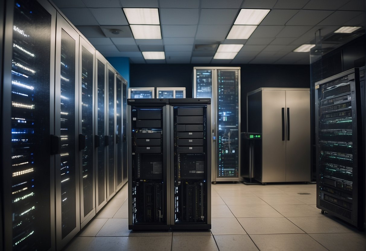 A server room with damaged equipment being wiped clean, as data erasure plays a crucial role in disaster recovery plans