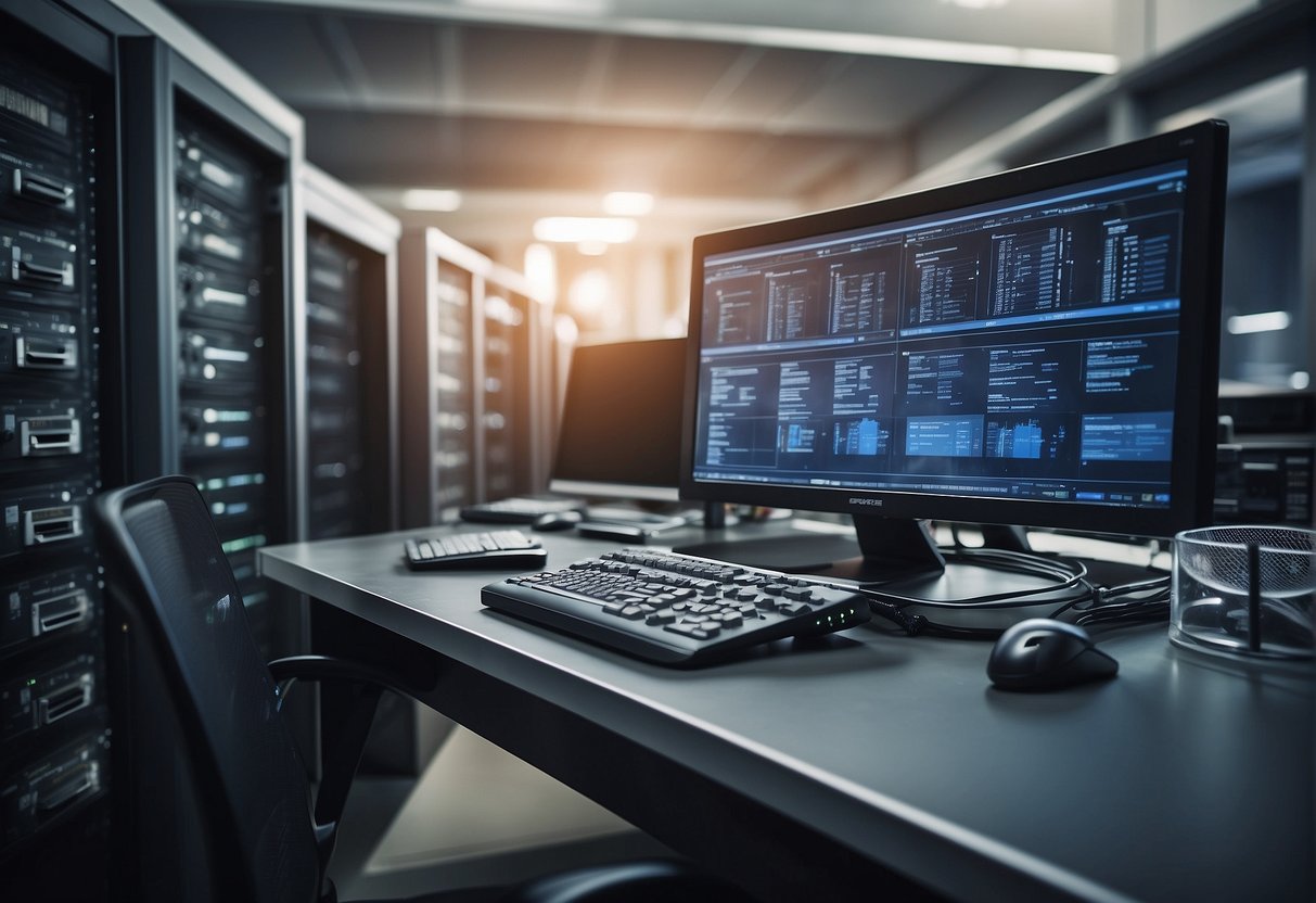 A server room with labeled disaster recovery plans and data erasure tools on a desk