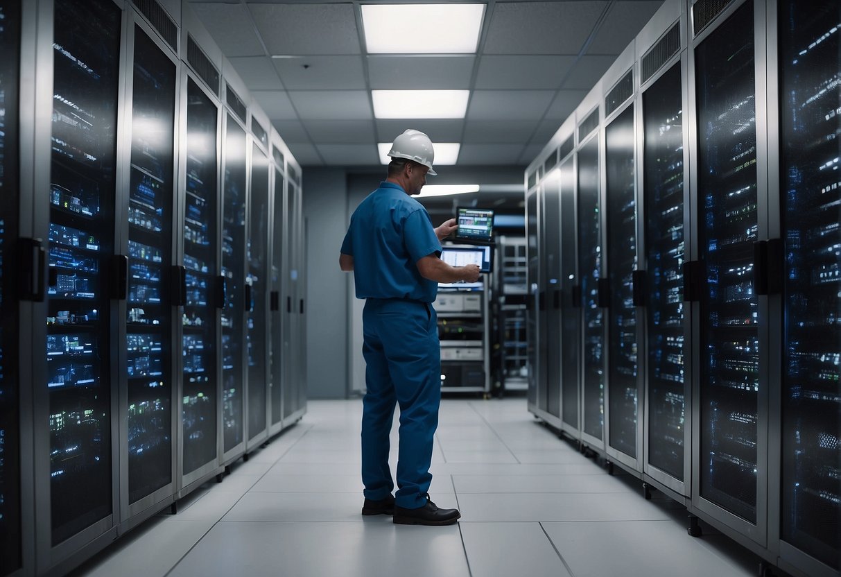 A server room with damaged equipment being wiped clean, surrounded by technicians and recovery specialists
