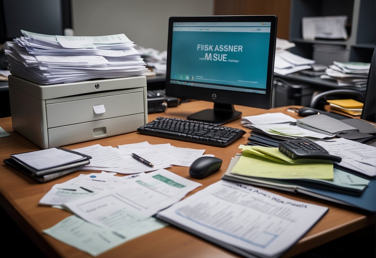 A cluttered office desk with a computer, stack of papers, and a locked filing cabinet. A whiteboard displays a risk assessment chart and a white paper outlines a disaster recovery plan