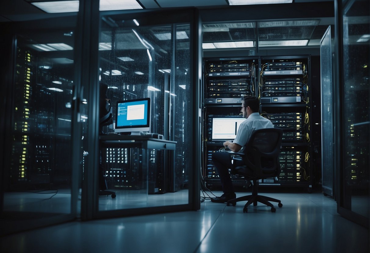 A server room with damaged equipment, data being erased from hard drives, and technicians working on disaster recovery plans