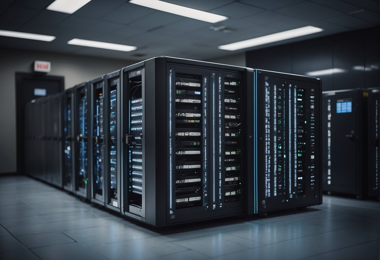 A data erasure machine hums in a secure facility, surrounded by backup servers and disaster recovery equipment