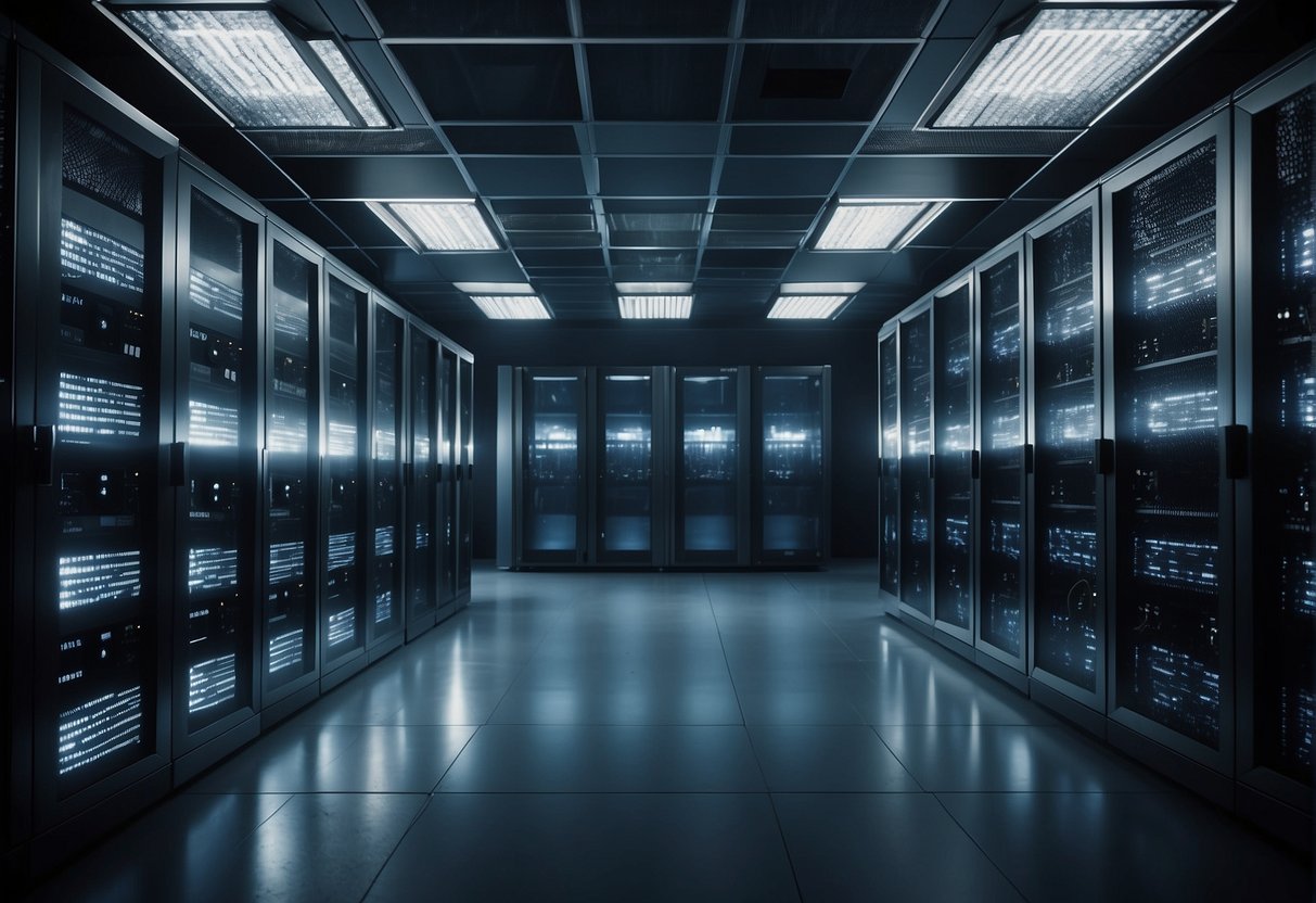 A server room with damaged equipment being cleared out and wiped clean, while backup systems are activated for data protection