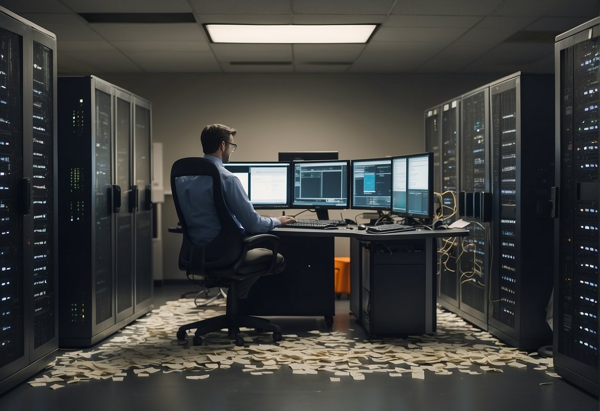A server room with damaged equipment, scattered papers, and a technician erasing data from a computer