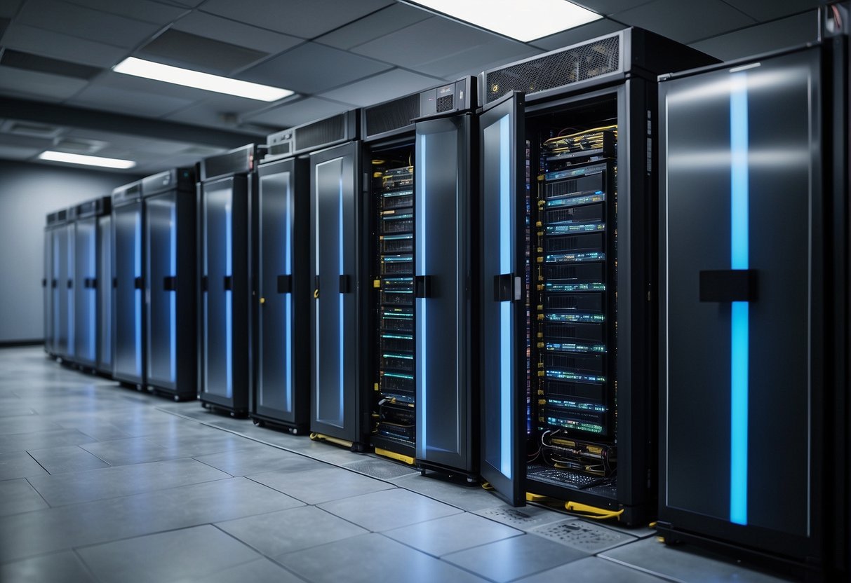 A server room with multiple backup systems, fireproof cabinets, and secure data erasure equipment. Redundant power supplies and off-site storage options are visible