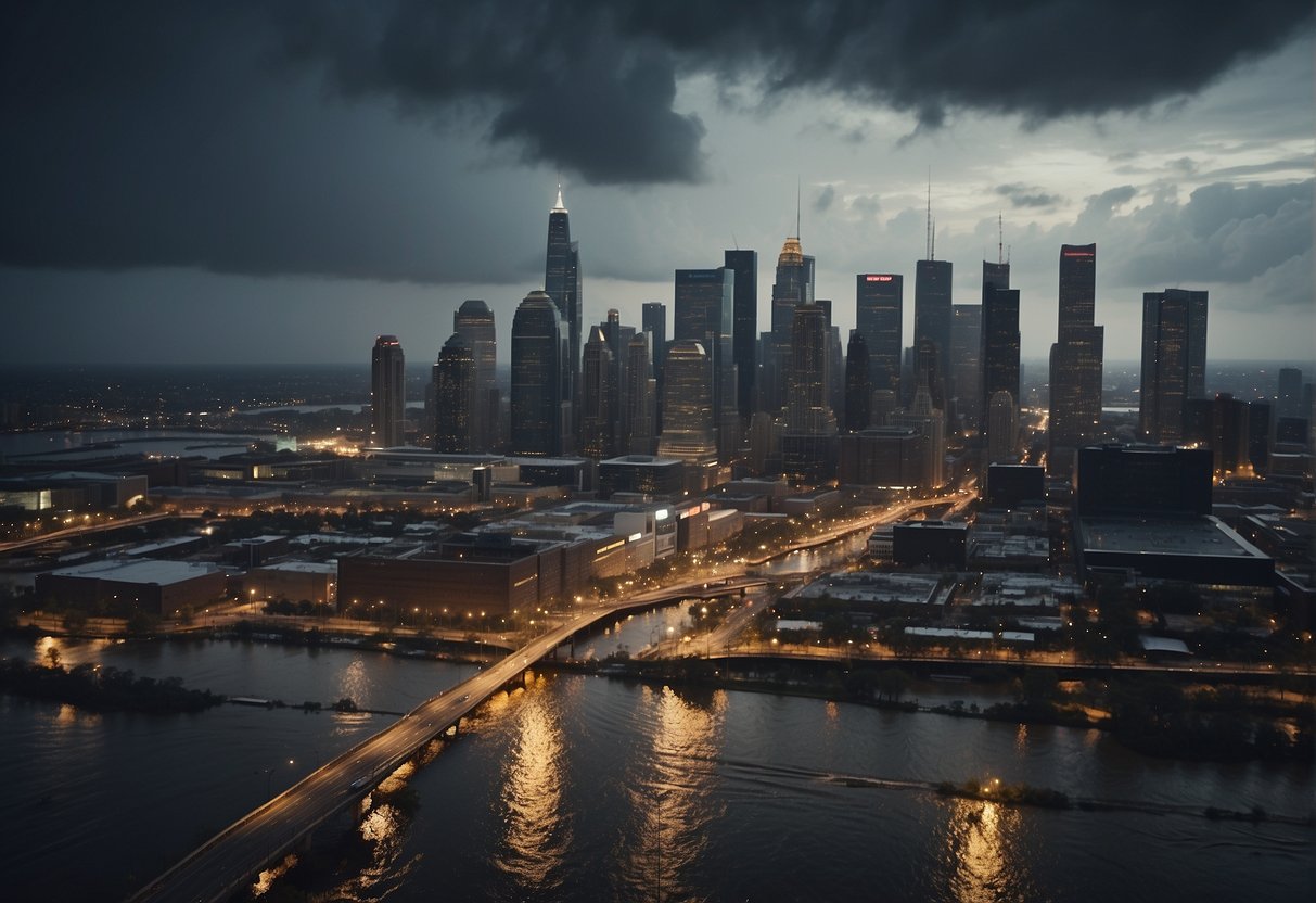 A bustling city skyline with data centers and businesses, surrounded by a stormy sky and flooded streets. Signs of disaster recovery efforts are evident, with workers clearing debris and repairing infrastructure