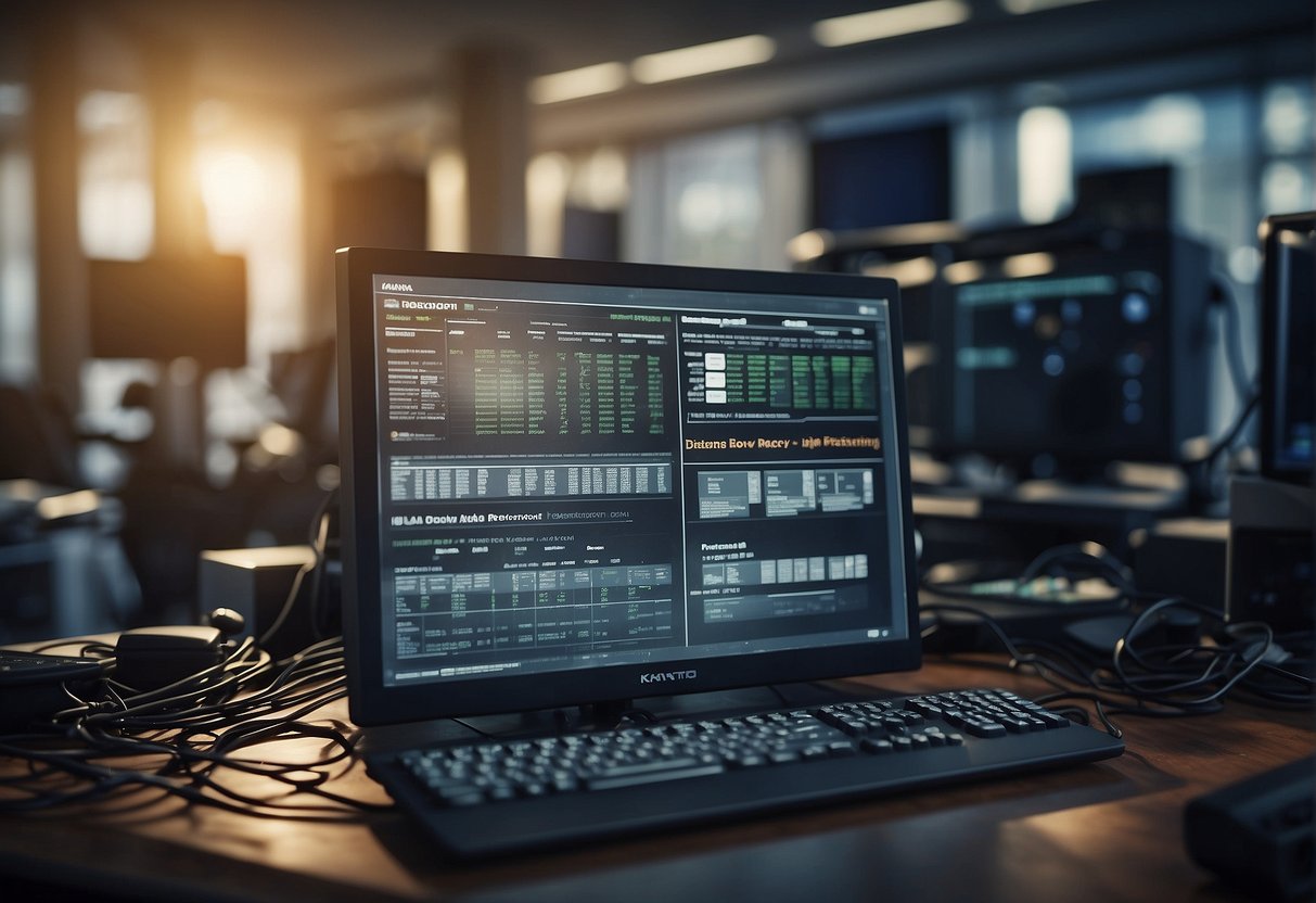 A computer system being restored after a disaster, with keywords like "disaster recovery" and "data protection" displayed on the screen