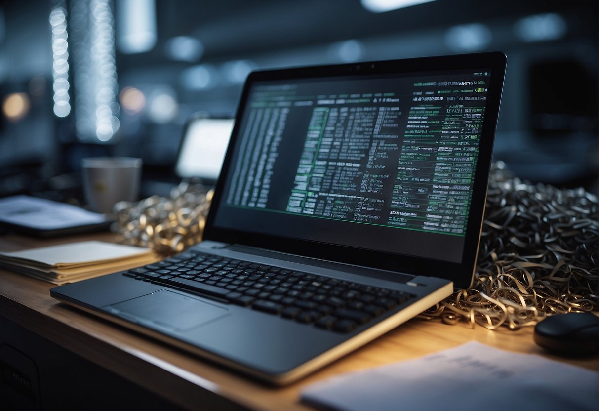 A computer screen displays a data erasure process, while a shredder destroys physical documents. Files are being minimized and deleted