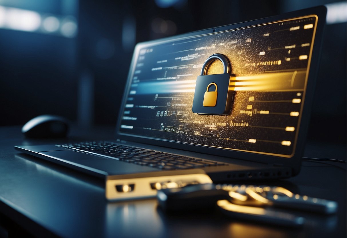 A computer screen displaying a progress bar erasing data, surrounded by lock icons and a shredder symbol