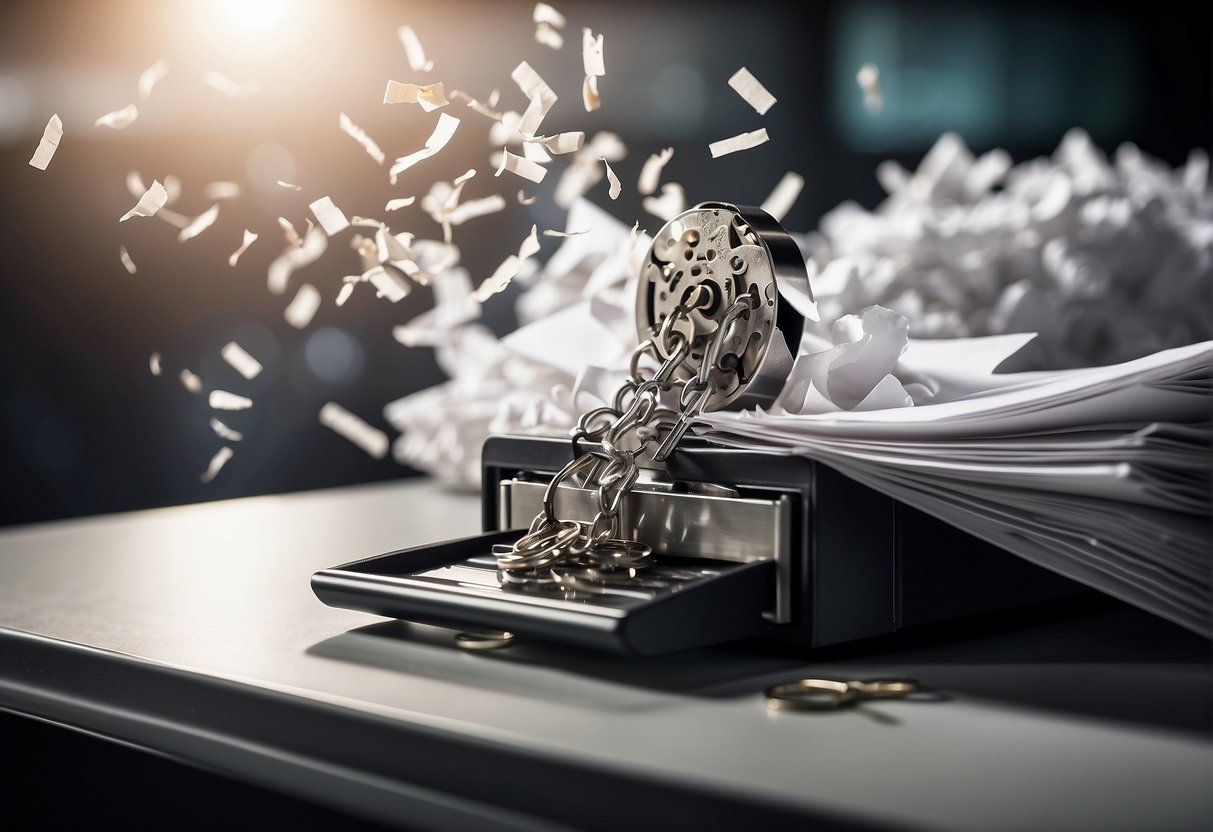 A shredder machine destroying a stack of paper documents, with a lock and key symbolizing data protection regulations