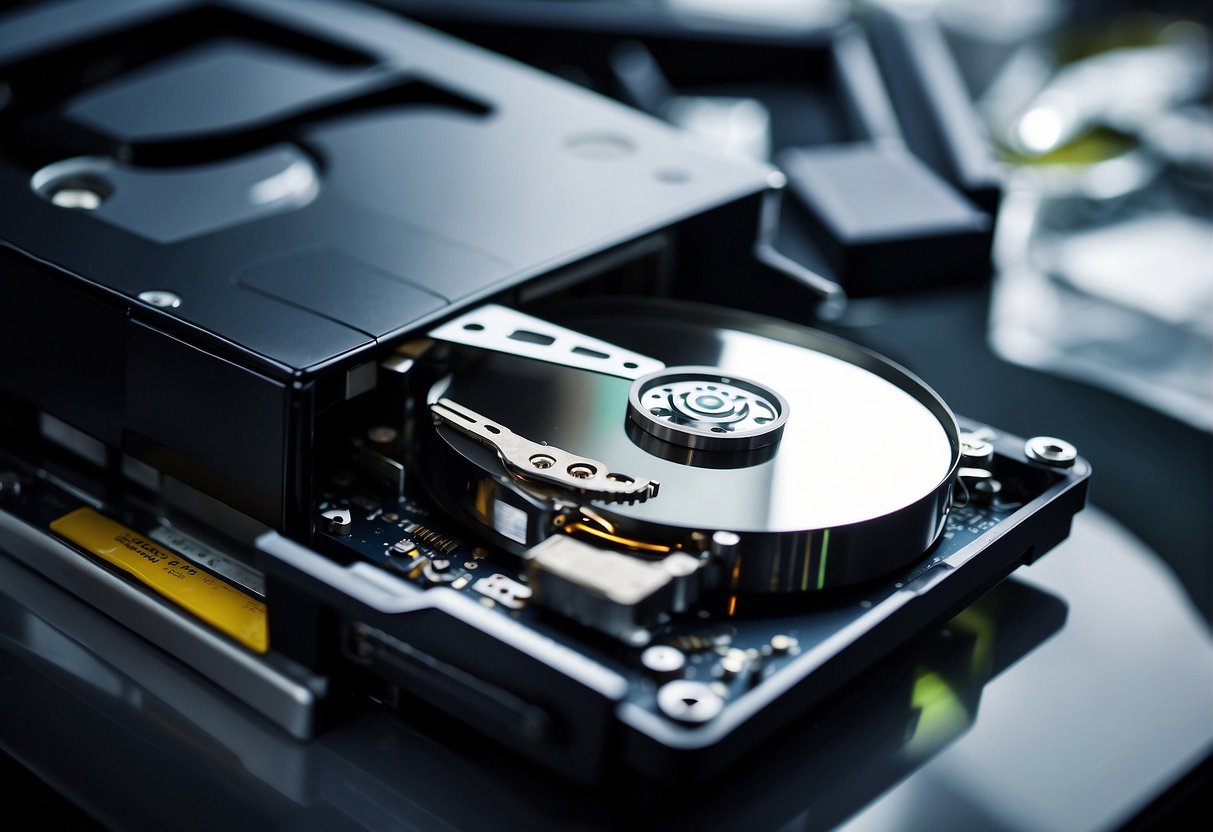 A computer hard drive, USB flash drive, and CD-ROM being wiped clean. A shredder destroying paper documents. All contributing to data minimization