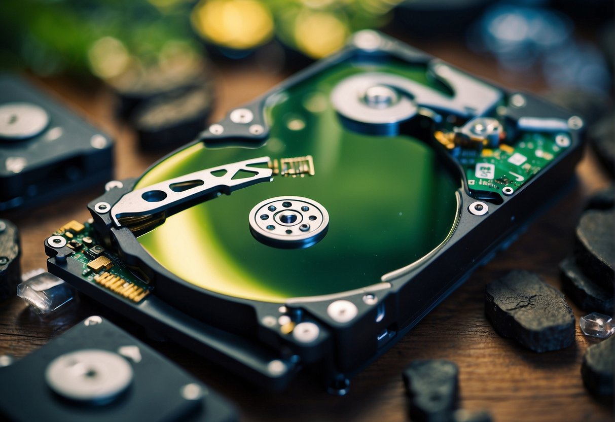 A computer hard drive being wiped clean with a data erasure tool, surrounded by images of trees and recycling symbols to depict sustainability