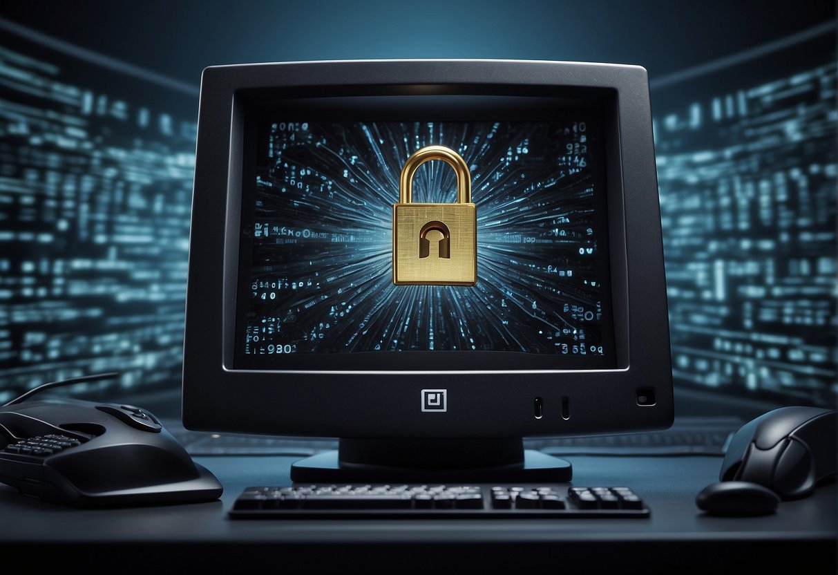 A computer monitor displaying a shrinking pile of data, surrounded by a lock and a shredder symbol, representing data erasure and minimization strategies