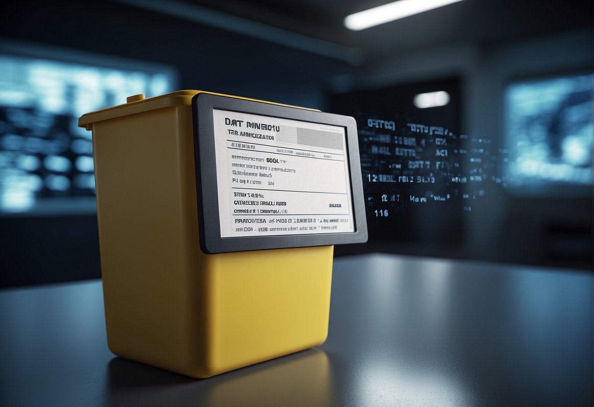 A computer screen displaying a file being permanently deleted, with a trash can icon and the words "data minimization" and "data erasure" visible