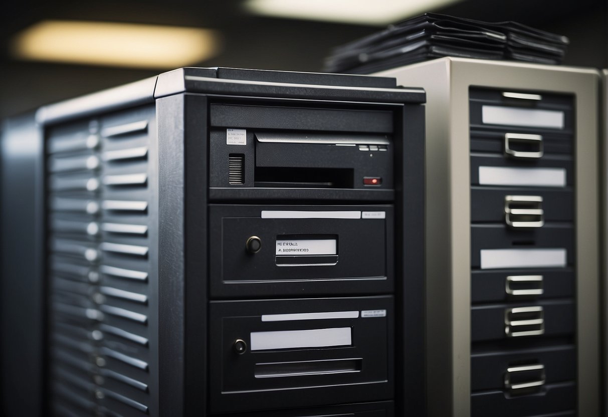 A file cabinet with labeled folders, a shredder, and a computer with a data management system open on the screen
