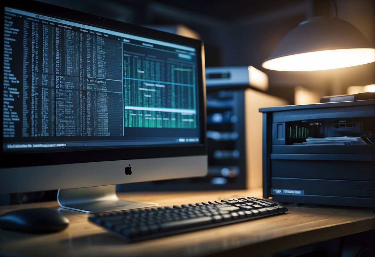 A computer screen displaying a file being deleted, with a shredder in the background and a filing cabinet labeled "Data Management Strategies."