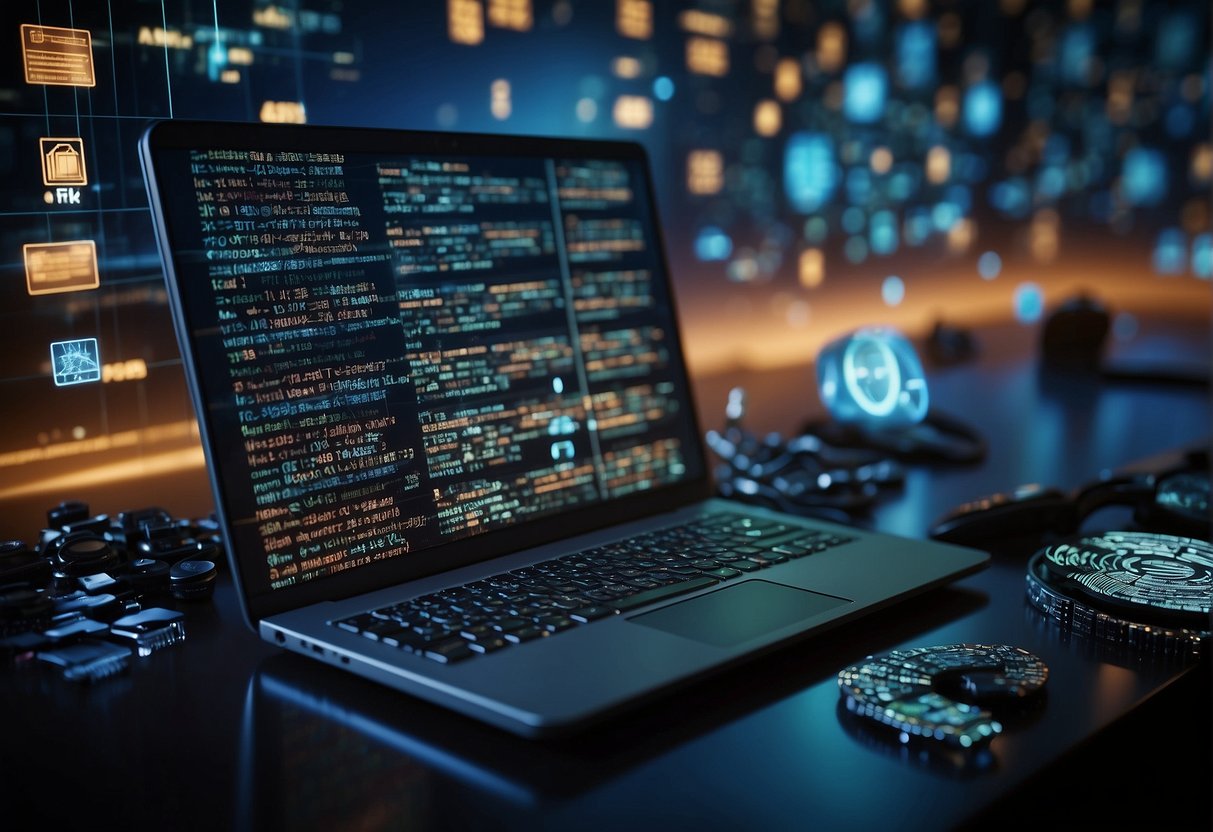 A computer screen displaying a file being deleted, surrounded by icons representing data management and security keywords