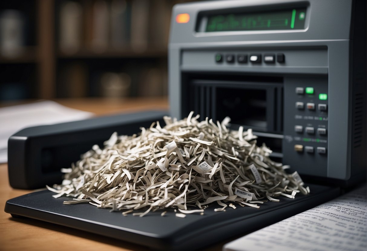A shredder machine obliterates paper with "data minimization" and "data erasure" written on it, while a computer screen displays "data management."
