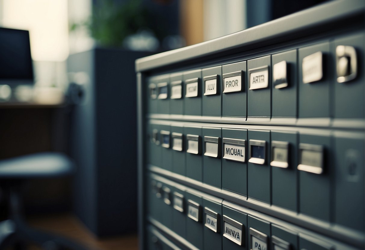 A filing cabinet labeled "Frequently Asked Questions" with keywords "data minimization, data erasure, data management" on the tabs