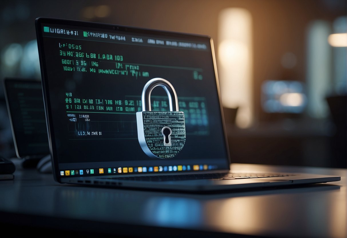 A computer screen displaying a progress bar erasing data. A locked padlock symbol in the corner signifies security. A digital file shredder icon in the background
