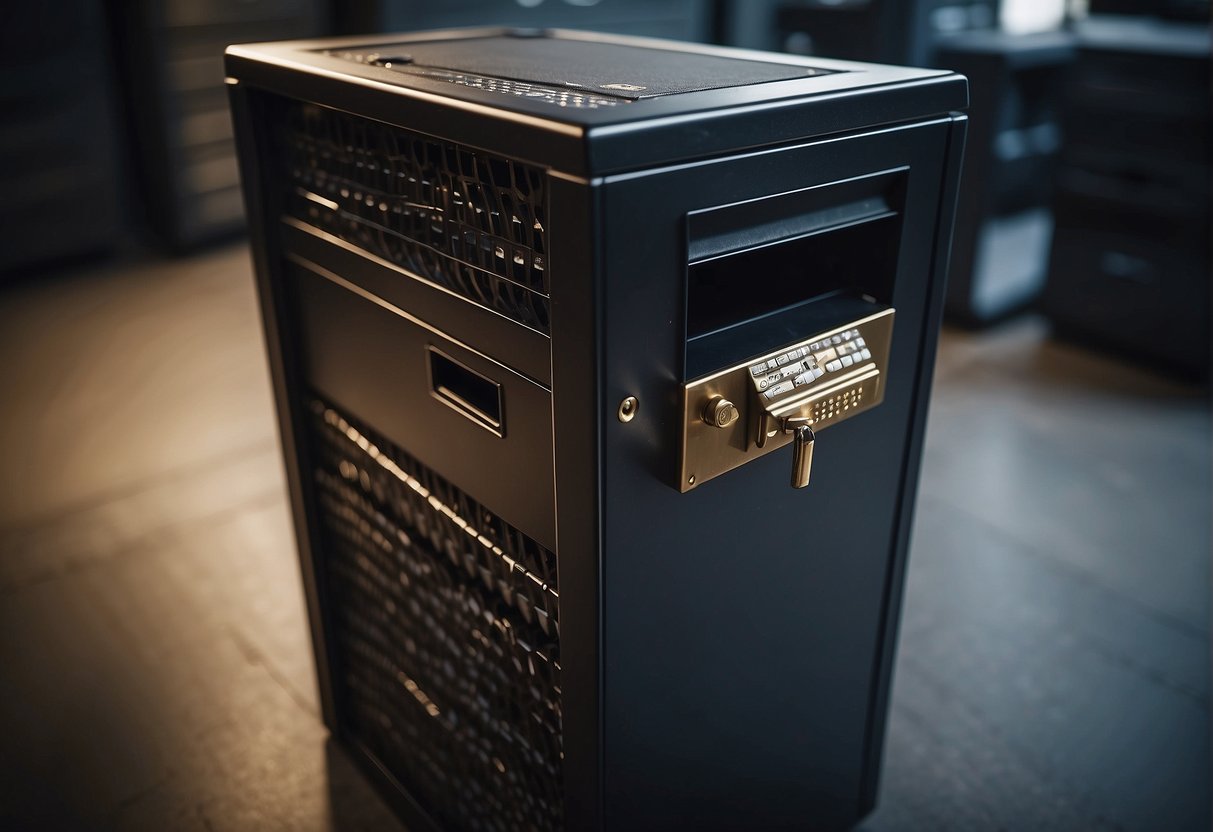 A locked filing cabinet with a key in the lock, surrounded by a secure digital firewall and a shredder in the background