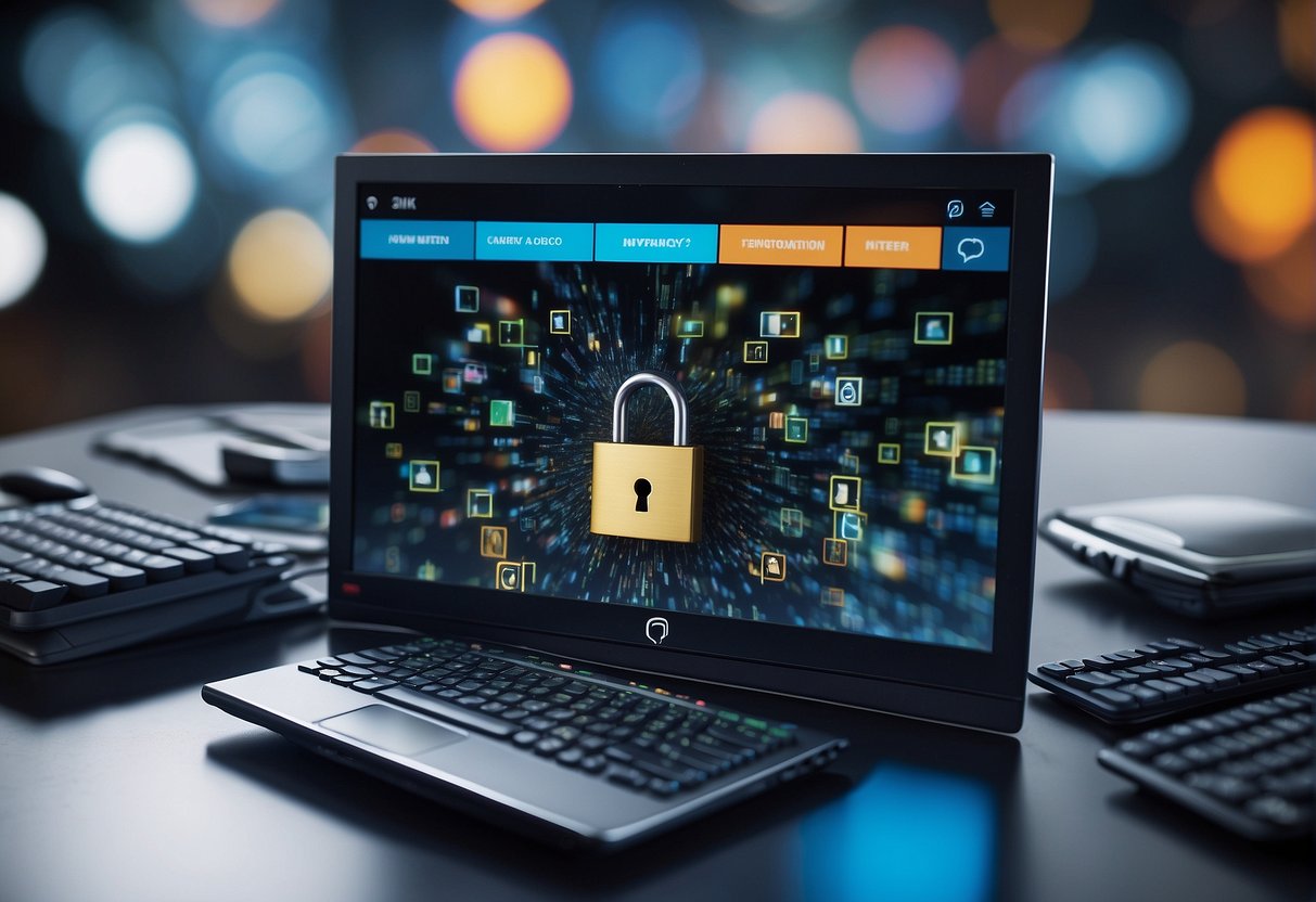 A computer monitor displays a padlock symbol over a pile of digital files, representing the risks and challenges of data erasure. The monitor is surrounded by question marks, highlighting the ethical considerations of protecting user privacy