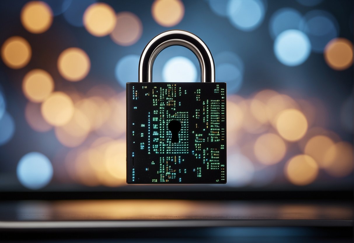 A computer screen displaying a data erasure process with a padlock icon symbolizing user privacy protection. A digital innovation symbol in the background