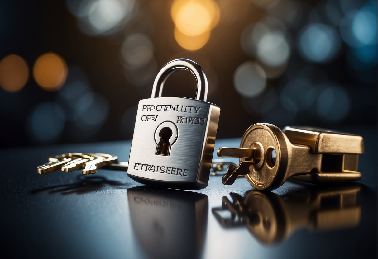 A lock and key symbolizing data protection, surrounded by a shield for privacy. Text "Frequently Asked Questions The Ethics of Data Erasure" above